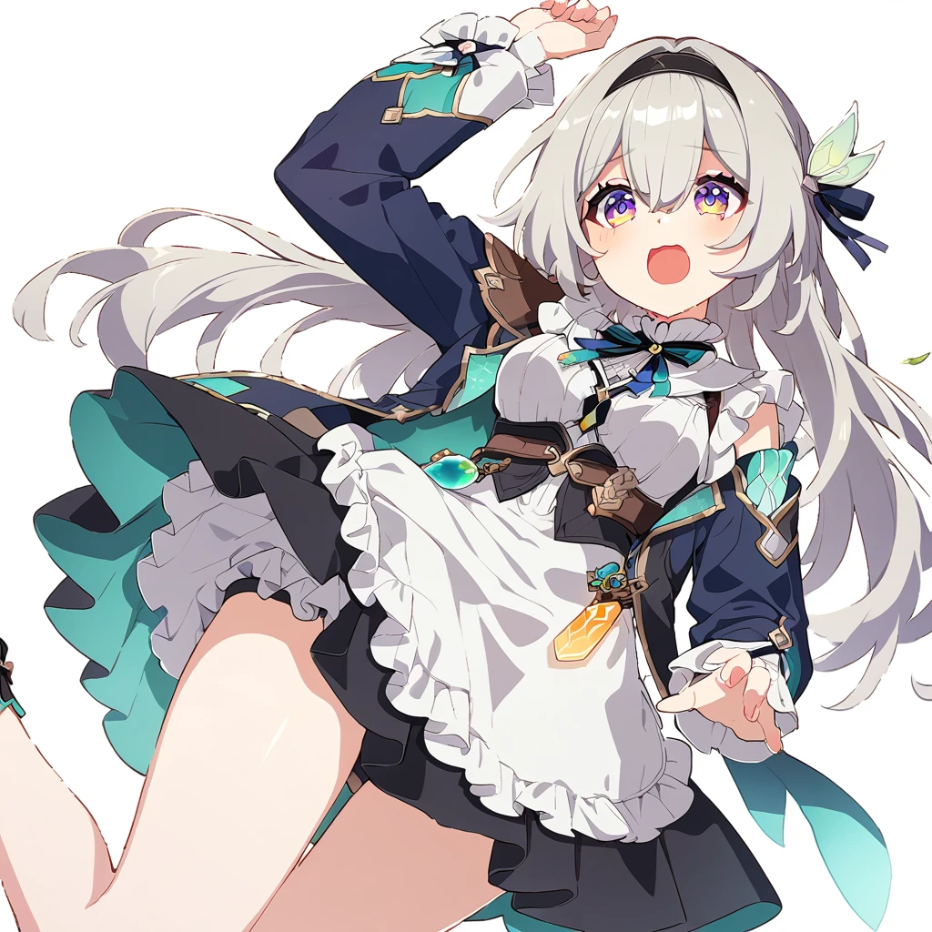 firefly \(honkai: star rail\),1 Girl, Solitary, High Leg Raise, Long hair, white High Leg Raise, breast, maid, maid headskirt, White background, apron, From below, Looking at the audience, skirt,Simple background, Bangs, Long sleeve, medium breast, Ruffles, Juliet Sleeves, white apron, open mouth, Ribbon, Puff sleeves, hair Ribbon, maid apron, black skirt, look down