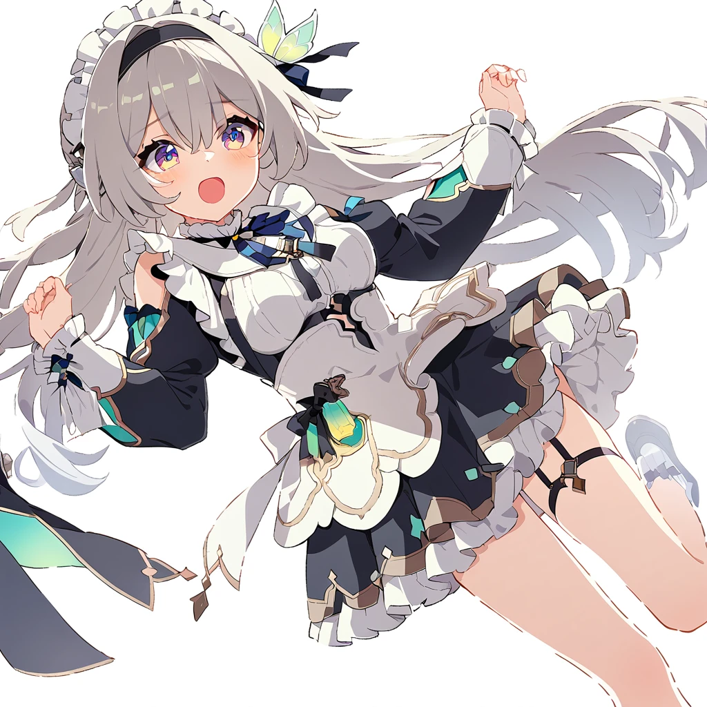 firefly \(honkai: star rail\),1 Girl, Solitary, High Leg Raise, Long hair, white High Leg Raise, breast, maid, maid headskirt, White background, apron, From below, Looking at the audience, skirt,Simple background, Bangs, Long sleeve, medium breast, Ruffles, Juliet Sleeves, white apron, open mouth, Ribbon, Puff sleeves, hair Ribbon, maid apron, black skirt, look down