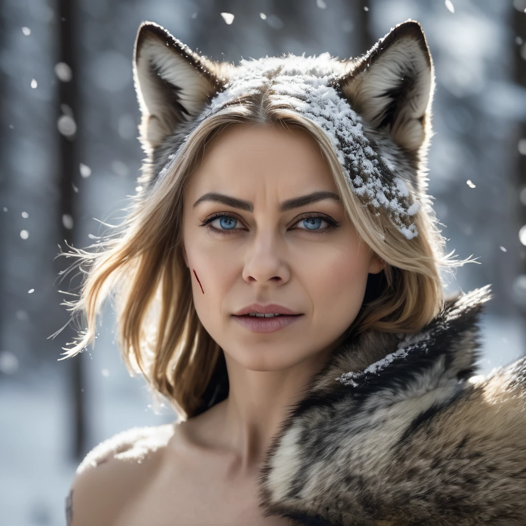 4k highly detailed realistic digital extremely high quality RAW photograph, a portrait photo of Marina Sharapova that lived with wolves her whole life is now leading them to battle. torn clothes exposing (nude:1.4) body, armored pauldrons, fangs, curled horns, big breasts, ((snow and blood)), ((wolf tattoos)), epic, hyperrealistic, hyperrealism, 8k, cinematic lighting, greg rutkowski, wlop, (f1.8 short focus bokeh)