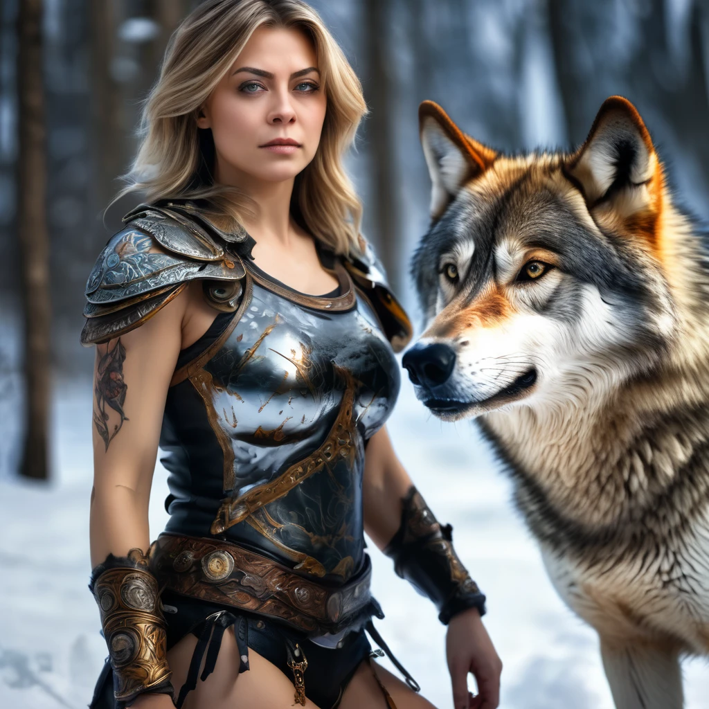 4k highly detailed realistic digital extremely high quality RAW photograph, a portrait photo of Nataliya Poklonskaya that lived with wolves her whole life is now leading them to battle. torn clothes exposing (nude:1.4) body, armored pauldrons, fangs, curled horns, big breasts, ((snow and blood)), ((wolf tattoos)), epic, hyperrealistic, hyperrealism, 8k, cinematic lighting, greg rutkowski, wlop, (f1.8 short focus bokeh)