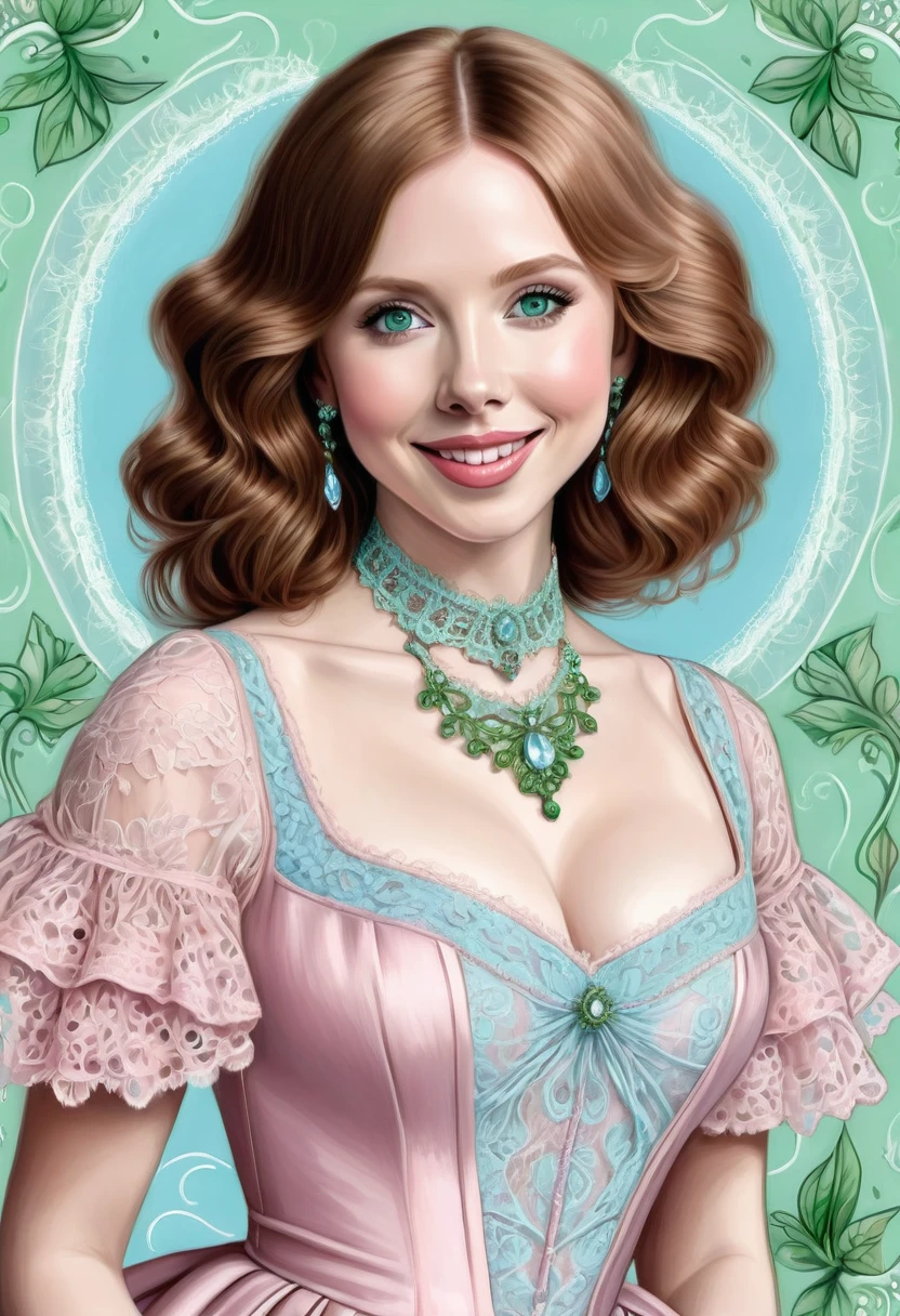 A colored pencil sketch of a beautiful victorian women who is a mash up of Molly Quinn, Scarlett Johanson and Alison Brie. Light Pink and Light blue dress. Green Eyes, Wide innocent smile, lace, jewels, large eyes, filligree. Pitch black hair.
