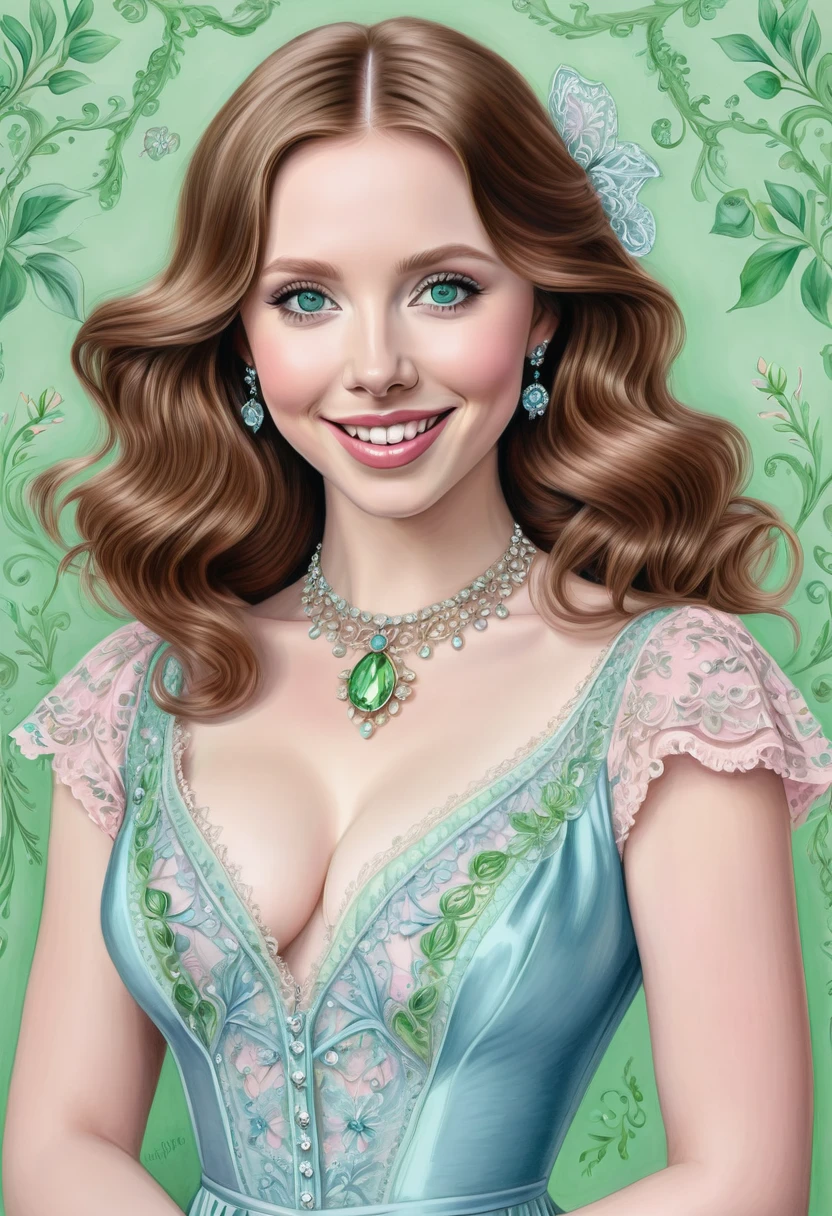 A colored pencil sketch of a beautiful victorian women who is a mash up of Molly Quinn, Scarlett Johanson and Alison Brie. Light Pink and Light blue dress. Green Eyes, Wide innocent smile, lace, jewels, large eyes, filligree. Pitch black hair.
