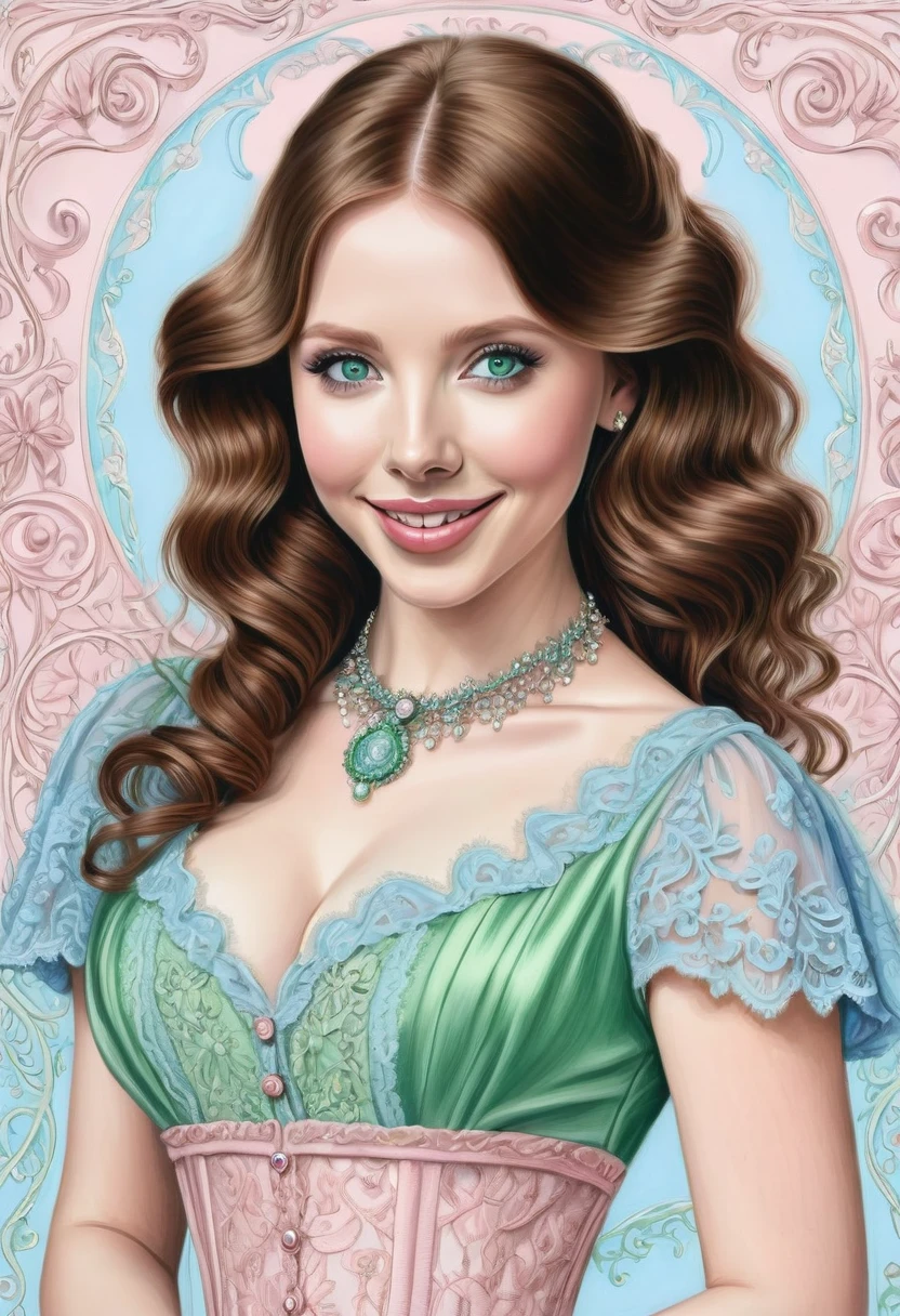 A colored pencil sketch of a beautiful victorian women who is a mash up of Molly Quinn, Scarlett Johanson and Alison Brie. Light Pink and Light blue dress. Green Eyes, Wide innocent smile, lace, jewels, large eyes, filligree. Pitch black hair.
