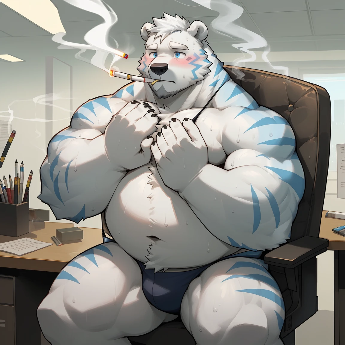 masterpiece, best quality, 8k resolution, Very detailed, hairy,(((polar bear)),(((Number of cigarettes:1))),(((blue eyes))),(((Mature))),(((beard))),(((Strong))),(((White hair all over body))),portrait,(((White hair))),(((body blue stripes))),(((office))),For the audience,(((Shirtless))),Highest quality scene,Solitary,solitary,(((whole body))),(((Sweating))),(((sit on the chair))),(((Desk))),(((Shirtless))),((Fat-enclosed muscle)),(((thong))),((Blushing)),(((Round face))),(((alone))),(((Strong body))),(((Hip bulge))),(((Holding a cigarette))),(((Fold your hands around your chest)))