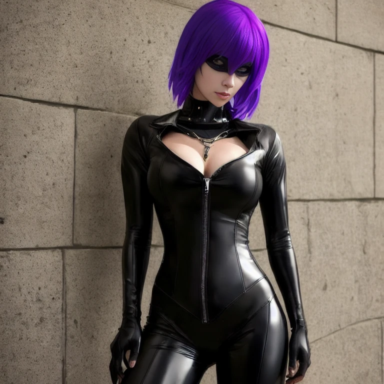 a close up of a woman in a wetsuit posing for a picture, super villain, park black leather costume, full-cosplay, cosplay, dressed in black leather, leather body suit, wearing atsuko kudo latex outfit, professional cosplay, villainess, wearing black latex outfit, cleavage, necklace, (cyberpunk background:1.2)