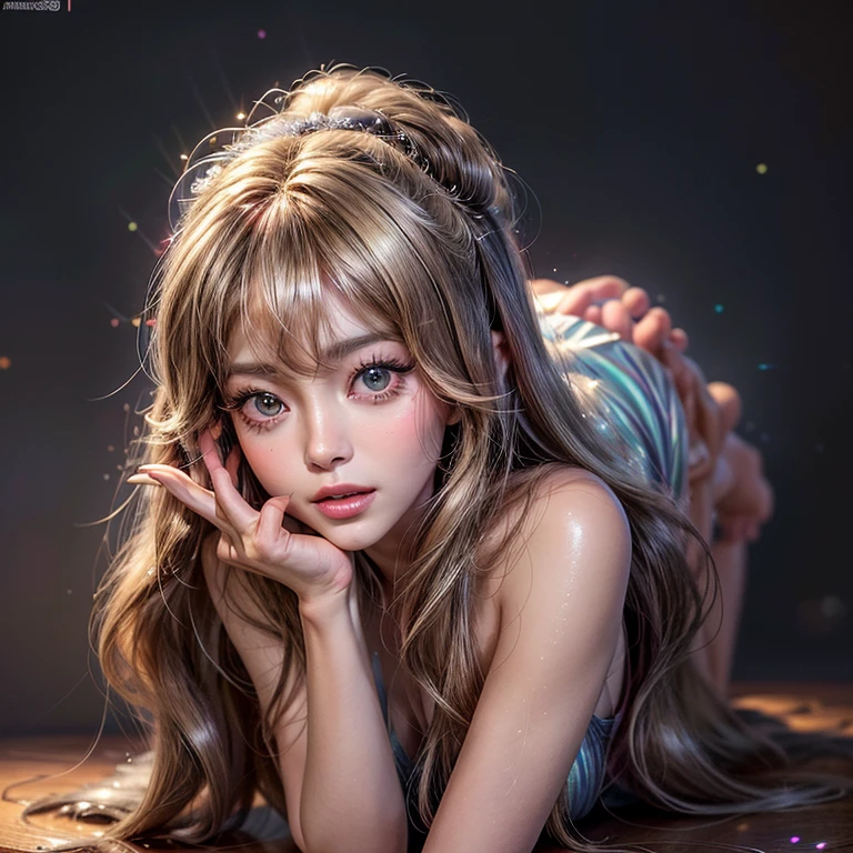 NSFW, 8k, High-level, absurd, masterpiece, best quality, primitive, very detailed CG, very detailed wallpaper, perfect lighting, Extremely detailed ((( personifying " Farrah Fawcett Majors " as a Little Girl))), MysticSight, Tyndall effect, Tyndall scattering, (Studio gray background with (Overflowing oodles Dazzling RainbowColorParticles (BokeH))), (RoundlyButts, ThighGap), (Exposed:0.4), (Assfocus with looking ahead) BREAK (Acutance:0.88), (NOGIZAKA face variations) Extremely Detailed very KAWAII face variations, perfect anatomy, Childish, CaptivatingGaze ElaboratePupils detailed Eyes with (sparkling highlights:1.28), (Voluminous LongEyelashes、GlossyRED Lips with beautiful details, RosyCheeks, Radiant PearlSkin with Transparency . { (Dynamic LifeLike expressions:1.4) | :d) }, (large eyes:-1) .