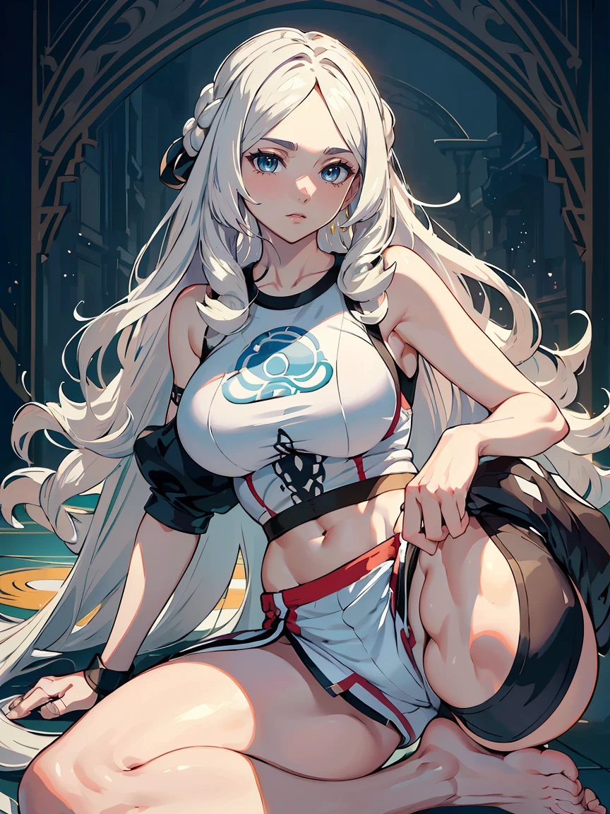 handsome mature woman,Long wavy white hair,Hyperresolution,accuracy,Detailed rendering,(Subtle facial image)(Image of fine hair)(topquality)(Masterpieces of masters)(High degree of completeness)(A sense of atmosphere)tmasterpiece,Super detailed and super detailed(half-body portrait)((Masterpiece, Highest quality)), Detailed face, CharacterDesignSheet, full bodyesbian, Full of details, Multiple poses and expressions, Highly detailed, Depth, Many parts,Beautiful,Extremely beautiful,High Balance, Natural light, drawn art style, white hair, curly hair down to ankles, ankle length hair, (((Ankle length hair))) (((thick hair))) (((pokemon trainer)))(((Pokemon gym leader))))(((Gym clothes)))(((Sporty outfit)))