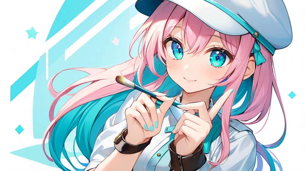 Female, woman, mature, Beautiful, Humble, Kind, long hair upper waist Stright Braided Hairstyles, Aqua blue pupil eyes colour, bright cyan Hairs, leather white wear Newsboy Cap, white dress flowing with skirt, wear leather white female gloves, holding small brush, Anime style, vivid colours, (White backgrounds:1.1) correct number fingers, corrects five fingers each hands.
