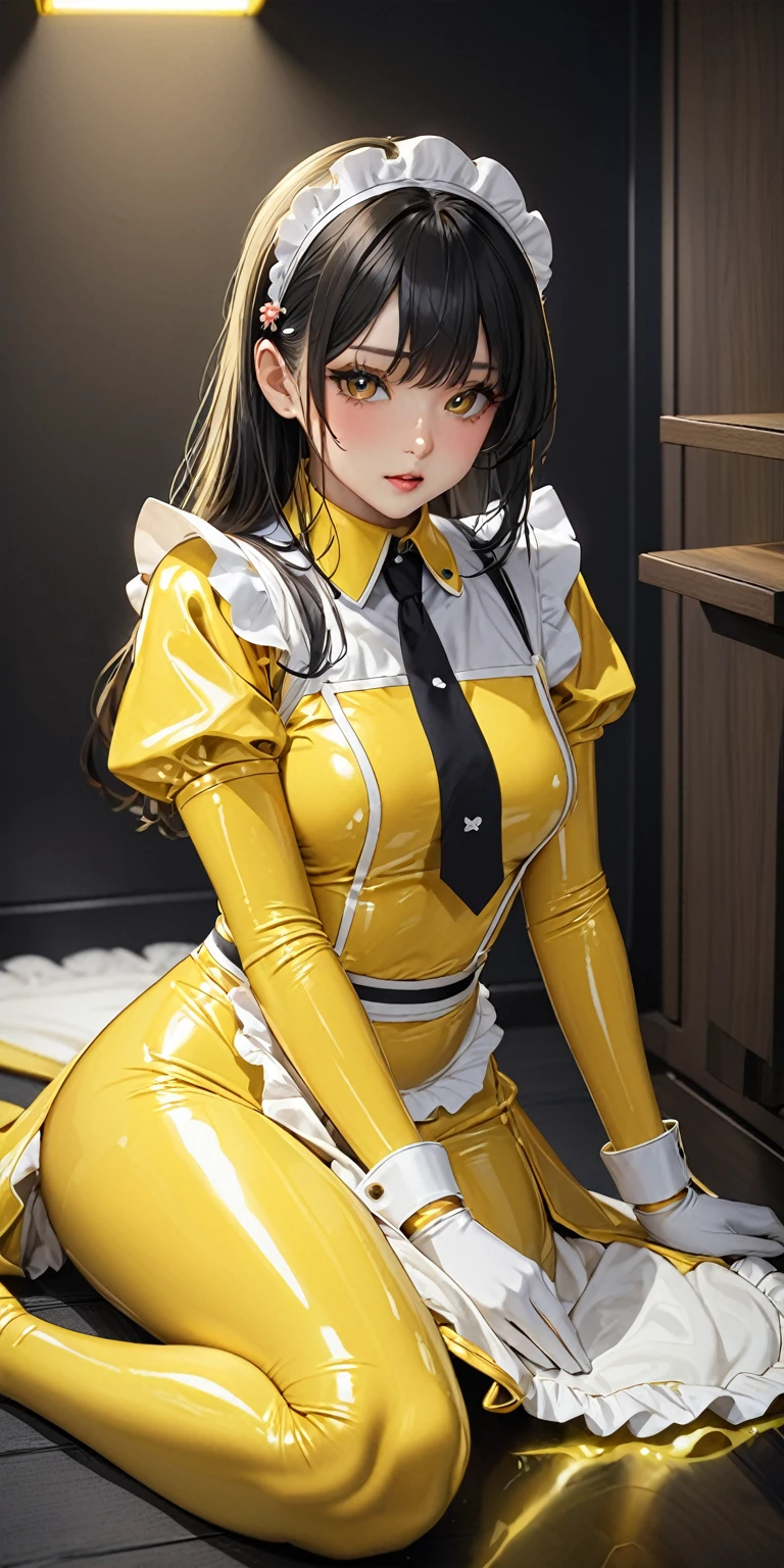 (masterpiece,Highest quality,超A high resolution),Japanese women, (((Very beautiful 25 year old girl))),(Yellow latex maid outfit)、Yellow latex long skirt、(Yellow latex long sleeve shirt)、Yellow latex long gloves、Yellow latex socks、The clothes fit snugly to the body、Latex is very shiny、Dark Room