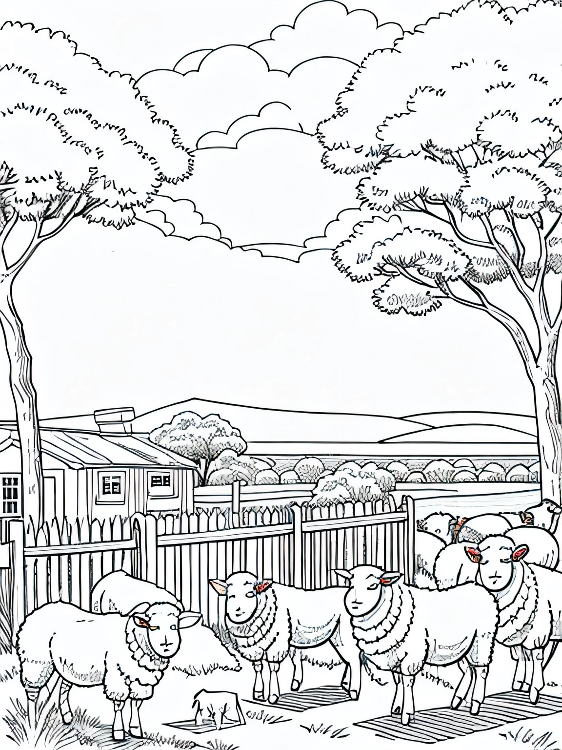 Sheep Shearing Day: Grey and white only, Book page coloring art. All-white background. Use only outlines, line art. Clean line art for coloring. Simple and clean line art, coloring book page. Perfect symmetric details. A lively scene of sheep being sheared on a sunny day, with shearers at work, wool sacks being filled, and curious children watching the process.