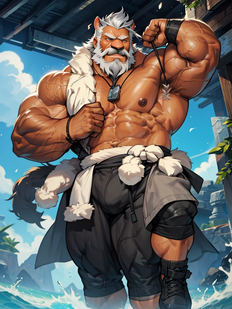 A burly, virile, and hairy werewolf, exuding the irresistible charm of a himbo muscle daddy. His middle-aged features, adorned by a long, bushy beard and a thick mustache, reveal a life of experience and adventure. His body, sculpted into a warrior's build and a bodybuilder's physique, is a testament to his unyielding dedication to physical fitness. The hair on his chest and belly forms a carpet of thick fur, while his hairy arms and legs are adorned with a natural, untamed layer of hirsute. Every muscle on his overmuscular and musclebound frame is defined and bulging, veins pulsing beneath the surface, hinting at his incredible strength. Despite his advanced age, his grey hair only adds to his handsome and dreamy appearance.