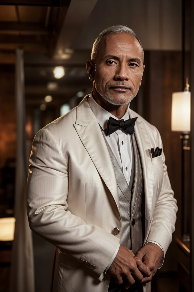 "A confident and authoritative 57-year-old doctor with short silver hair and a well-groomed appearance, wearing a white coat over a black dress shirt with a black tie. He stands in a 3x4 photo. He is in his elegantly decorated office with a modern, luxurious and rustic appearance. The lighting highlights his facial features, with red lights in the background, a handsome man with Brazilian nationality, brown skin tone and gray hair and no beard.