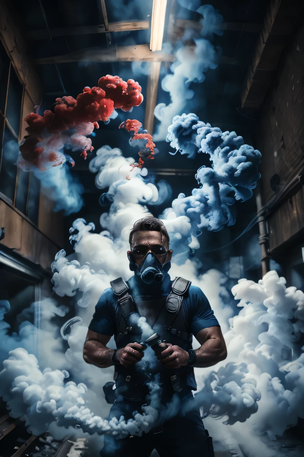 man, wearing gas mask, black jacket,plate carrier, rolled sleeves, black pants, outside,intense ambiance, smoke everywhere, night, hdr, extremely detailed, dynamic lighting,   ADDBASE 
smoke, blue-smoke ADDCOL 
smoke, white-smoke ADDCOL 
smoke, red-smoke