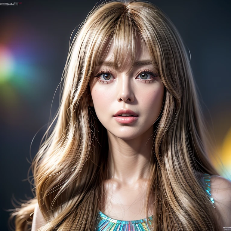 NSFW, 8k, High-level, absurd, masterpiece, best quality, primitive, very detailed CG, very detailed wallpaper, perfect lighting, Extremely detailed ((( personifying " Farrah Fawcett Majors " as a Little Girl))), MysticSight, Tyndall effect, Tyndall scattering, (Studio gray background with (Overflowing oodles Dazzling RainbowColorParticles (BokeH))), (RoundlyButts, ThighGap), (Exposed:0.4), (Assfocus with looking ahead) BREAK (Acutance:0.88), (NOGIZAKA face variations) Extremely Detailed very KAWAII face variations, perfect anatomy, Childish, CaptivatingGaze ElaboratePupils detailed Eyes with (sparkling highlights:1.28), (Voluminous LongEyelashes、GlossyRED Lips with beautiful details, RosyCheeks, Radiant PearlSkin with Transparency . { (Dynamic LifeLike expressions:1.4) | :d) }, (large eyes:-1) .