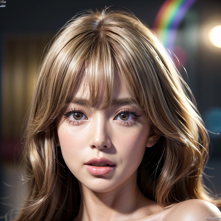 NSFW, 8k, High-level, absurd, masterpiece, best quality, primitive, very detailed CG, very detailed wallpaper, perfect lighting, Extremely detailed ((( personifying " Farrah Fawcett Majors " as a ))), MysticSight, Tyndall effect, Tyndall scattering, (Studio gray background with (Overflowing oodles Dazzling RainbowColorParticles (BokeH))), (RoundlyButts, ThighGap), (Exposed:0.4), (Assfocus with looking ahead) BREAK  (Acutance:0.88), (NOGIZAKA face variations) Extremely Detailed very KAWAII face variations, perfect anatomy, Childish, CaptivatingGaze ElaboratePupils detailed Eyes with (sparkling highlights:1.28), (Voluminous LongEyelashes、GlossyRED Lips with beautiful details, RosyCheeks, Radiant PearlSkin with Transparency . { (Dynamic LifeLike expressions:1.4) | :d) }, (large eyes:-1) .