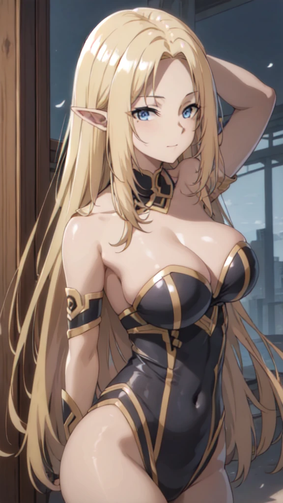 (Upper Body:1.3),Medium Shot,anime,masterpiece,gravure, 8k,Realistic, Beautiful woman,An elegant and mature elven woman, Elf Ears,blue eyes, Put your arms behind your head,(美的animeの目:1.3),Large Breasts,Blonde, Black bodysuit, smile,Beautiful breasts,8K resolution, High quality CG, Beautiful CG, Soft Light,View your viewers,(24-years-old),