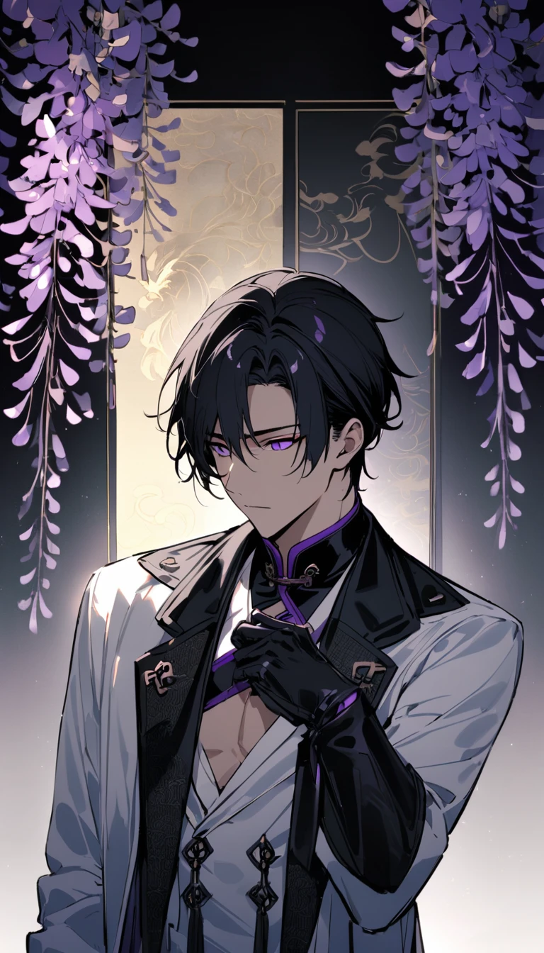 (masterpiece:1.5)，best quality，(1 Handsome and calm man)，alone，black short hair，(purple eyes), (soft expression)，perfect face，Fantasy Chinese style，Long black trench coat，white and purple cloth，Complex clothing design with Chinese elements，Black leather gloves，white lining，White suit pants，Slightly muscular body，High，8K，Beautiful contrast of light and shadow，purple flowers，Dark luxury background，Wisteria flowers，(complete upper body)，Positive face，((luxury screen))，Chinese style palace background