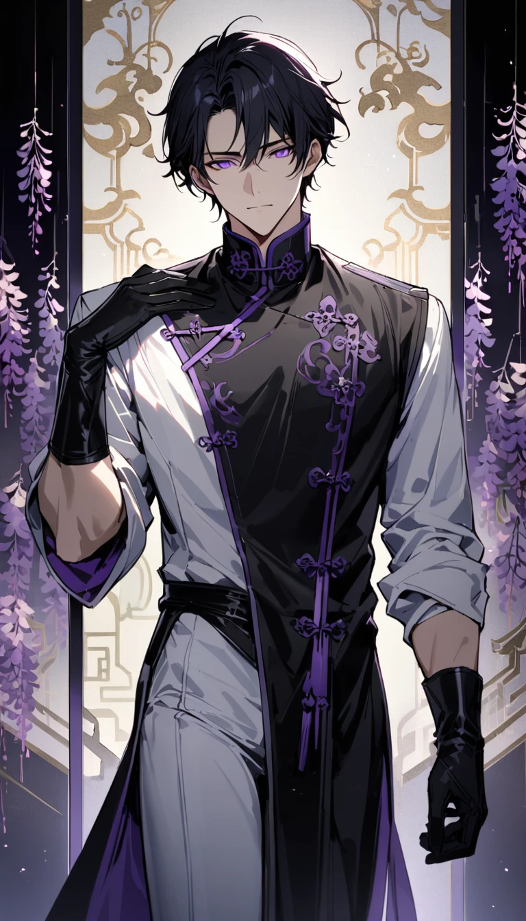 (masterpiece, best quality:1.2), 1male, solo, jiang cheng, mo dao zu shi, mdzs, purple and black clothes, purple eyes, long black hair, perfect anatomy