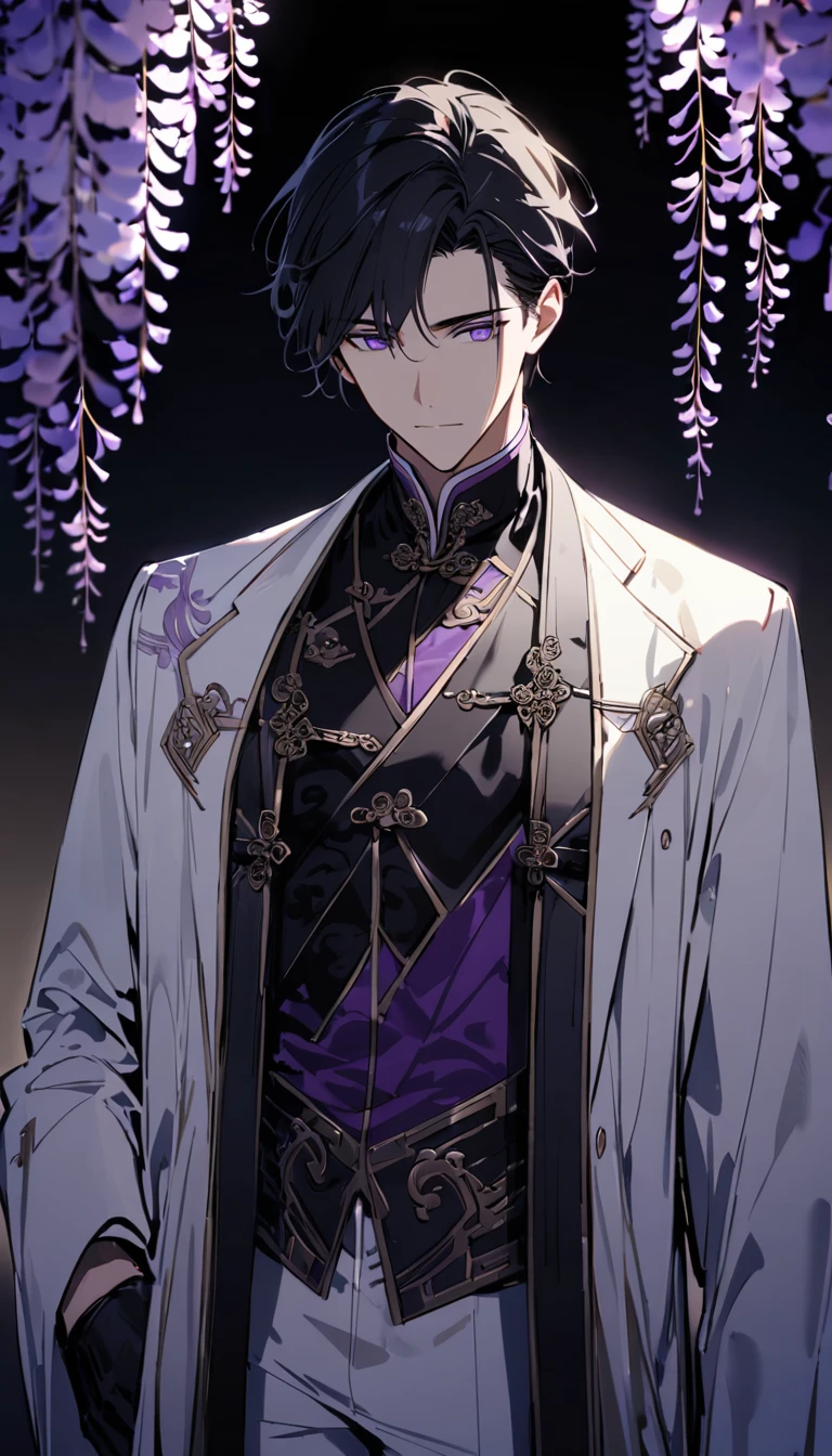 (masterpiece:1.5),best quality,(1 Handsome and calm man),alone,black short hair,(purple eyes), (soft expression),perfect face,Fantasy Chinese style,Long black trench coat,white and purple cloth,Complex clothing design with Chinese elements,Black leather gloves,white lining,White suit pants,Slightly muscular body,High,8K,Beautiful contrast of light and shadow,purple flowers,Dark luxury background,Wisteria flowers,(complete upper body),Positive face,((luxury screen)),Chinese style palace background