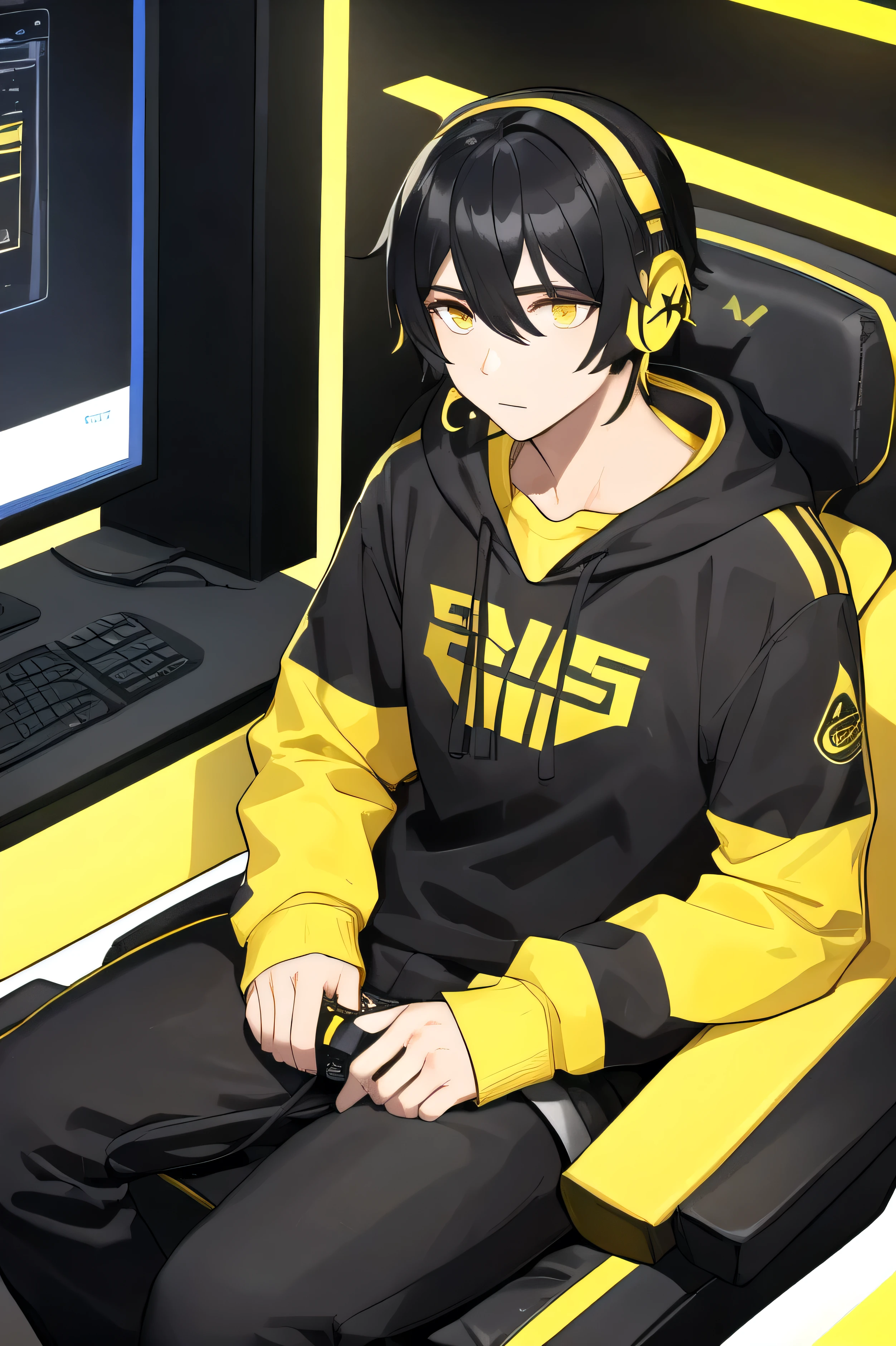 Adult male gamer、((Yellow headphones)), Sitting, Black Hair