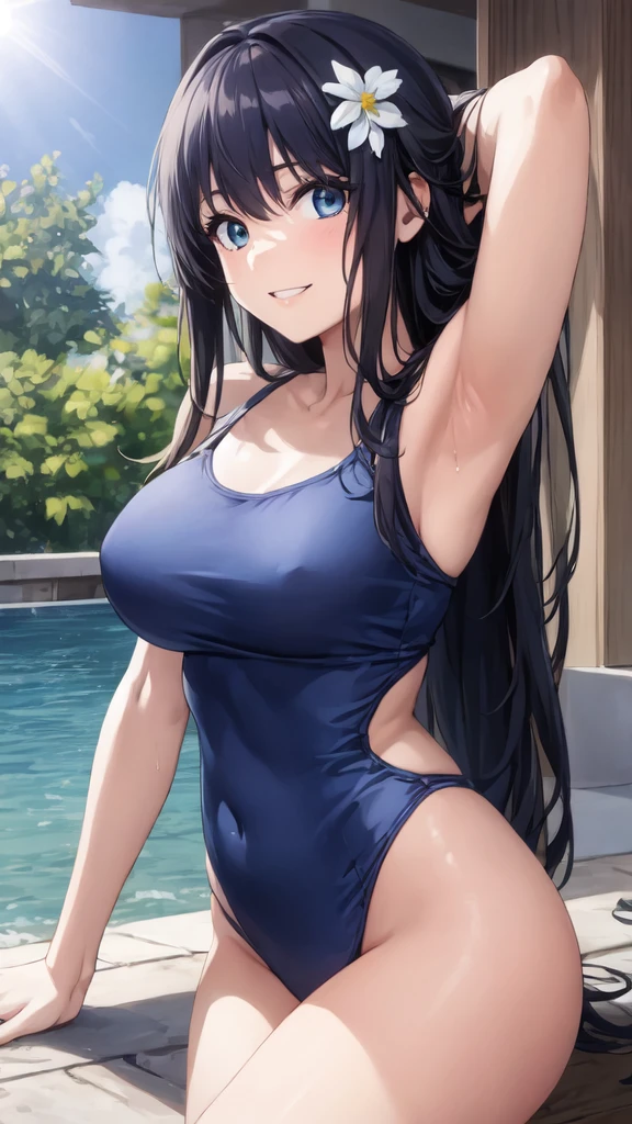 (Perfect hands, Perfect Anatomy:1.4), Satin Ruiko, alone,(Navy school swimsuit:1.5),(A neat figure,thin:1.4),(Hairstyle is a princess cut:1.5),(Black Hair:1.4), blue eyes, (Black Hairの:1.4),(Black Hairの:1.4),Long Hair,(Straight long hair:1.4), hair ornaments, (1 white flower decoration:1.4),(tsurime:1.4),(Sitting),(Broke up_lips:1.4),(Hime cut:1.4),(Large Breasts:1.4),(Put your hands behind your head:1.2), (Wicked Smile:1.4),20-year-old,(Wet:1.2),Sit on, (View your viewers:1.3),(View from below:1.3), (Pool,Poolサイドで:1.4),(Dazzling sunlight,summer:1.4)、 break (Hime cut:1.4),(masterpiece:1.5),(Extremely accurate details,Ultra-high resolution:1.4),Highly detailed CG Unity 8k wallpaper,(Realistic,Photorealistic,超Realisticな:1.5),(curve,model,Glamour:1.5),Beautiful breasts,color_aberration,Beautiful detailed shadows,Beautiful Eyes,Beautiful body,Beautiful Skin,Beautiful Hands,(Aesthetic Anime Eyes:1.4),(figure:0.8), (Beautiful attention to detail:1.4), Highly detailed face, Perfect lighting, Highly detailed CG, (Perfect hands, Perfect Anatomy:1.4),