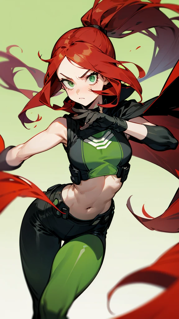 wavy long red hair girl in ponytail, green eyes, serious expression, black sleeveless bodysuit that doubles as a cropped top, black shorts with a skirt-like cape attached, boku no hero academia art style