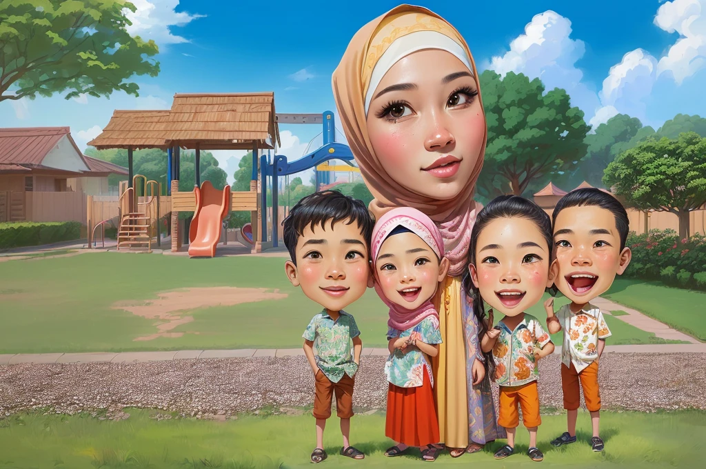 cartoon of a family of four standing in front of a playground, Woman wearing hijab,And wear a long skirt, caricature illustration, in cartoon style, caricature style, digital art cartoon, potrait, cartoon digital art, cartoon digital painting, cartoon portrait, realism artstyle, realistic cartoon, cartoon artstyle, an indonesian family portrait, charicature, cartoon art, cartoon style illustration, children, by Abidin Dino