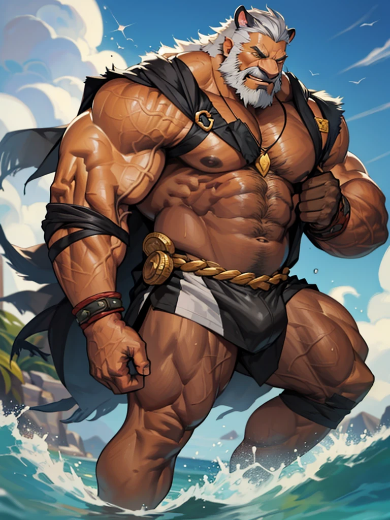 A burly, virile, and hairy werewolf, exuding the irresistible charm of a himbo muscle daddy. His middle-aged features, adorned by a long, bushy beard and a thick mustache, reveal a life of experience and adventure. His body, sculpted into a warrior's build and a bodybuilder's physique, is a testament to his unyielding dedication to physical fitness. The hair on his chest and belly forms a carpet of thick fur, while his hairy arms and legs are adorned with a natural, untamed layer of hirsute. Every muscle on his overmuscular and musclebound frame is defined and bulging, veins pulsing beneath the surface, hinting at his incredible strength. Despite his advanced age, his grey hair only adds to his handsome and dreamy appearance.