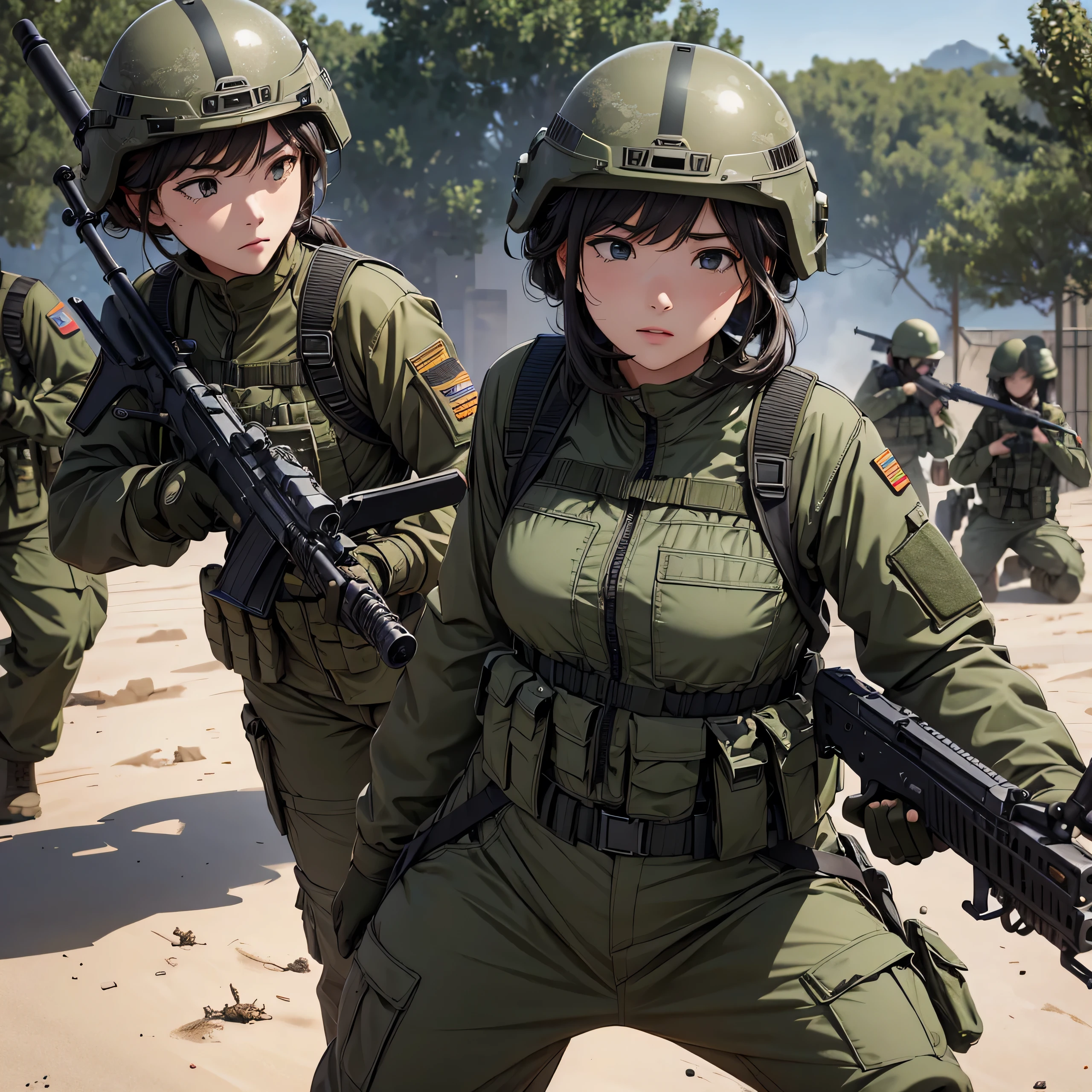 First-person perspective、Four female special forces soldiers wearing helmets、Wearing olive drab uniform、Individual equipment set、Fight with guns、See the crotch、Military base、Write details、masterpiece、best quality、Highly detailed CG、8K picture quality