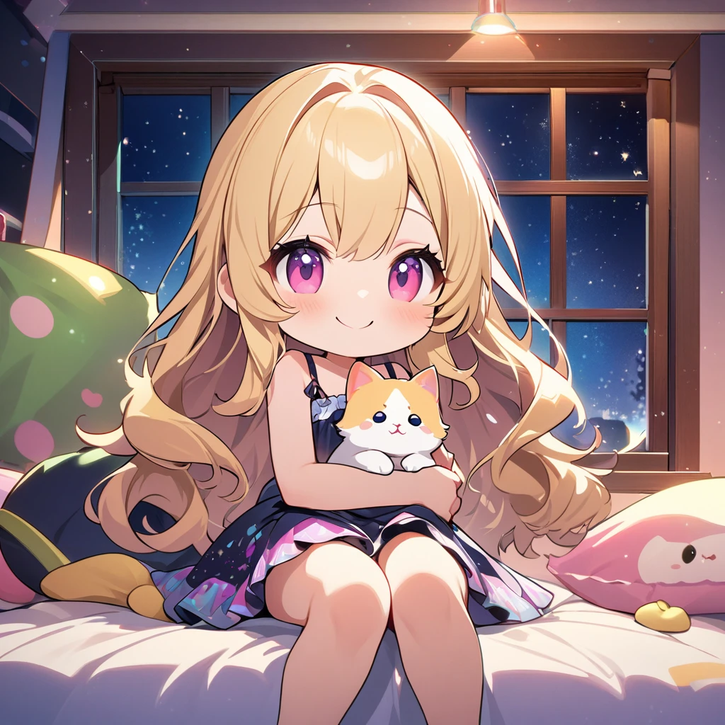 masterpiece、Highest quality、Depth of subject、２D illustration、1 beautiful girl、solo, (((chibi style)))、cute chibi, lovely chibi, ((night)), ((window)), ((starry sky)), Long, beautiful hair、shiny blonde hair、cute、Beautifully detailed eyeini skirt))、((colorful))、Camisole dress、((happy smile))、sitting on bed, ((close up shot))、((Holding a kitten)), ((in the room))、((There&#39;s a lot of pink around))、((bed))、Thighs、((vivid color))、sparkle、((Lens flare))、