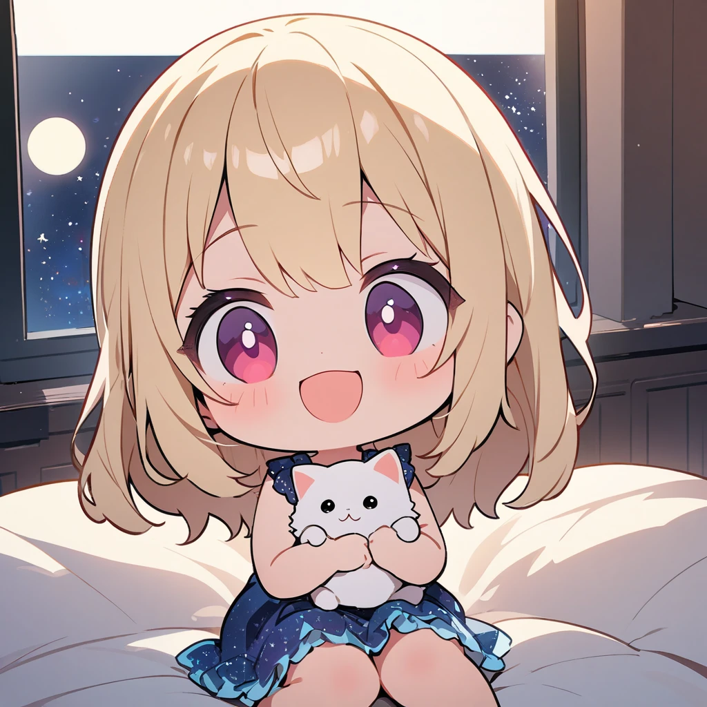masterpiece、Highest quality、Depth of subject、2D illustration、1 beautiful girl、solo, (((chibi style)))、cute chibi, lovely chibi, ((night)), ((window)), ((starry sky)), Long, beautiful hair、shiny blonde hair、cute、Beautifully detailed eyeini skirt))、((colorful))、Camisole dress、((happy smile))、sitting on bed, ((close up shot))、((Holding a kitten)), ((in the room))、((There's a lot of pink around))、((bed))、Thighs、((vivid color))、sparkle、((Lens flare))、