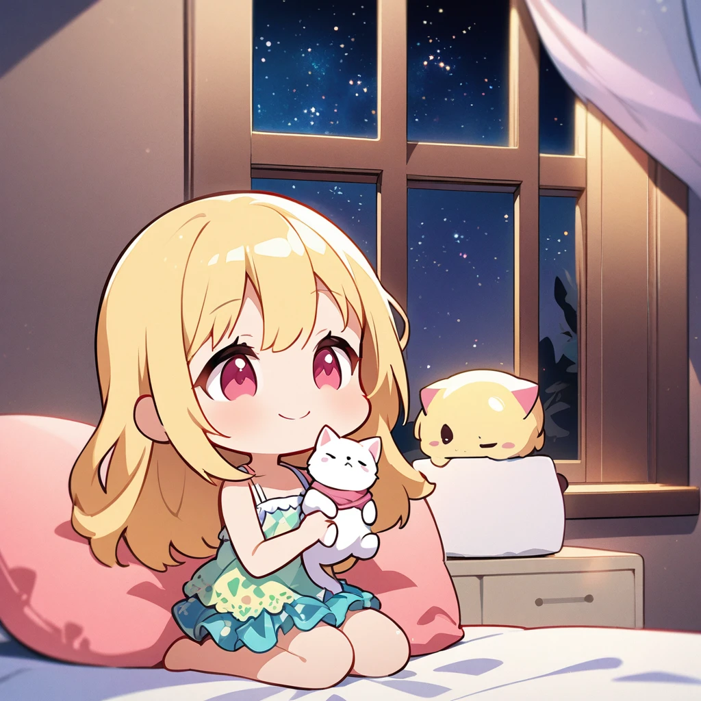 masterpiece、Highest quality、Depth of subject、2D illustration、1 beautiful girl、solo, (((chibi style)))、cute chibi, lovely chibi, ((night)), ((window)), ((starry sky)), Long, beautiful hair、shiny blonde hair、cute、Beautifully detailed eyeini skirt))、((colorful))、Camisole dress、((happy smile))、sitting on bed, ((close up shot))、((Holding a kitten)), ((in the room))、((There's a lot of pink around))、((bed))、Thighs、((vivid color))、sparkle、((Lens flare))、