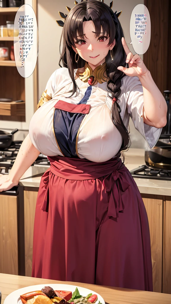 (Mature Woman:1.5), (mother:1.5), Ishtar, Fate Grand Order, (Absurd, 8k, 4K, Tabletop, Extremely detailed:1.2), Highest quality, Perfect Anatomy,Perfect Face, High humidity, (alone:1.2), (Sweaty:1.3), shortness of breath, High humidity, humid, (Black Hair:1.1), Red eyes, Looking into the camera, (Very large breasts:1.7), Light clothing, apron, (kitchen;1.1), (Having a conversation:1.2), (Speech bubble:1.1), A kind smile, relief, peace of mind, mother性, Cooking, have a ladle, pot, pot-au-feu, Gentle look, nsfw, Firm and huge breasts