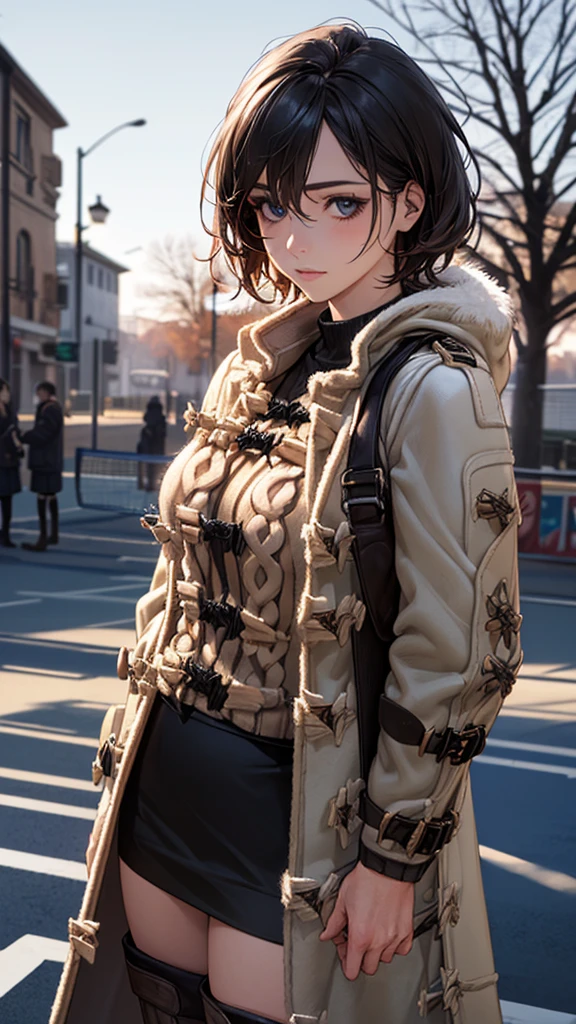 (masterpiece:1.2, Highest quality), (Realistic, photoRealistic:1.4), Beautiful illustrations, (Natural Side Lighting, Cinema Lighting), Browsing Caution,
View your viewers, (Face Focus, Upper Body), Cowboy Shot, 1 Girl, Japanese, Beauty 30 years old, Perfect Face, (Perfect Anatomy:1.4), Cute and symmetrical face, Shiny skin,
(short hair:1.2, Straight hair:1.2, Black Hair), Hair between the eyes, blue eyes, Big eyes, Long eyelashes, (Large Breasts), thin,
Beautiful Hair, Beautiful Face, Beautiful attention to detail, Beautiful clavicle, Beautiful body, Beautiful breasts, Beautiful thighs, Beautiful feet, Beautiful Hands,
(Open Court, Duffle coat, sweater:1.46, Black Skirt :1.4, Brown long boots:1.56), Emphasize the legs,
(Beautiful views), winter, evening, (street tree, Urban area, it's snowing), walking, (Cute smile:1.40, Upward glance, Part your lips),