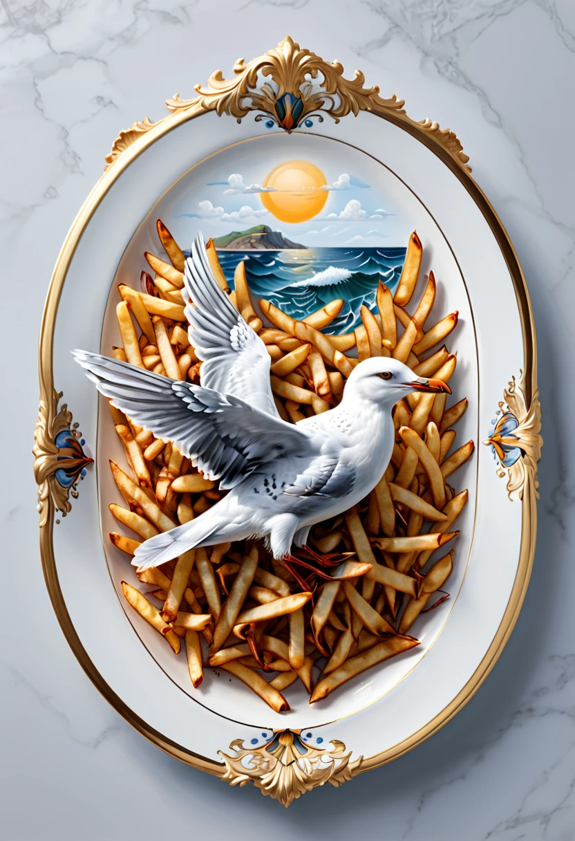 plate with image of Seagull fly, Fries, (masterpiece, best quality, Professional, perfect composition, very aesthetic, absurdres, ultra-detailed, intricate details:1.3)