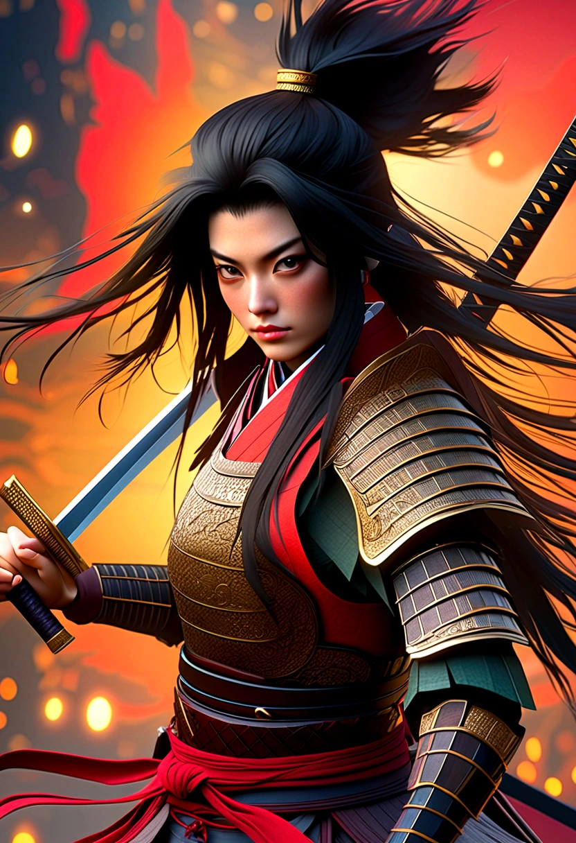 a picture of Japanese female samurai, she has long black hair, wearing samurai armor, armed with a katana, ready for battle, dynamic angle,, Japanese fantasy art, (Masterpiece: 1.5), 16k, highres, best quality, high details, ultra detailed, masterpiece, best quality, (extremely detailed), arafed, dnd art, JapaneseKatana, wtrcolor style