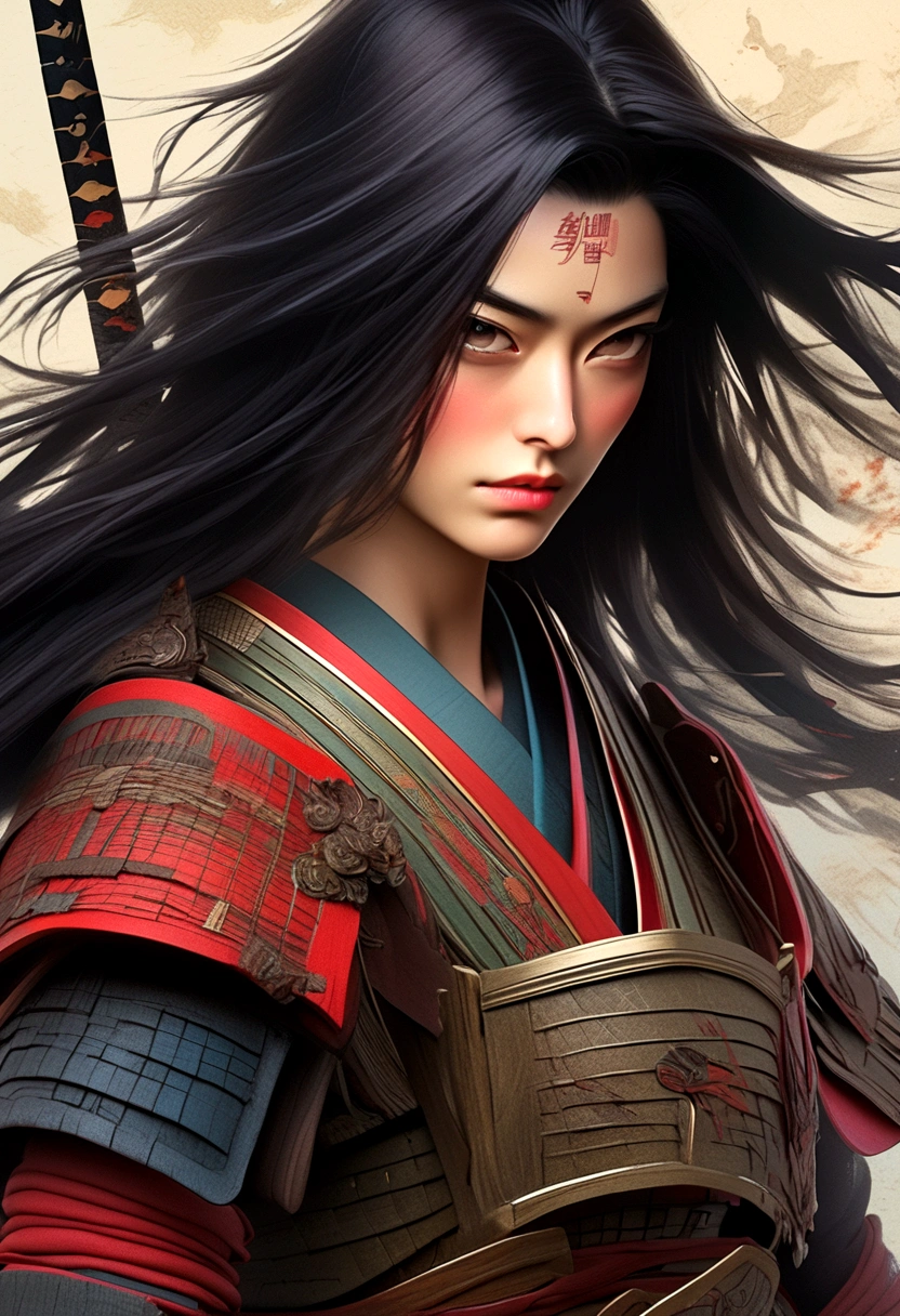 a picture of Japanese female samurai, she has long black hair, wearing samurai armor, armed with a katana, ready for battle, dynamic angle,, Japanese fantasy art, (Masterpiece: 1.5), 16k, highres, best quality, high details, ultra detailed, masterpiece, best quality, (extremely detailed), arafed, dnd art, JapaneseKatana, wtrcolor style