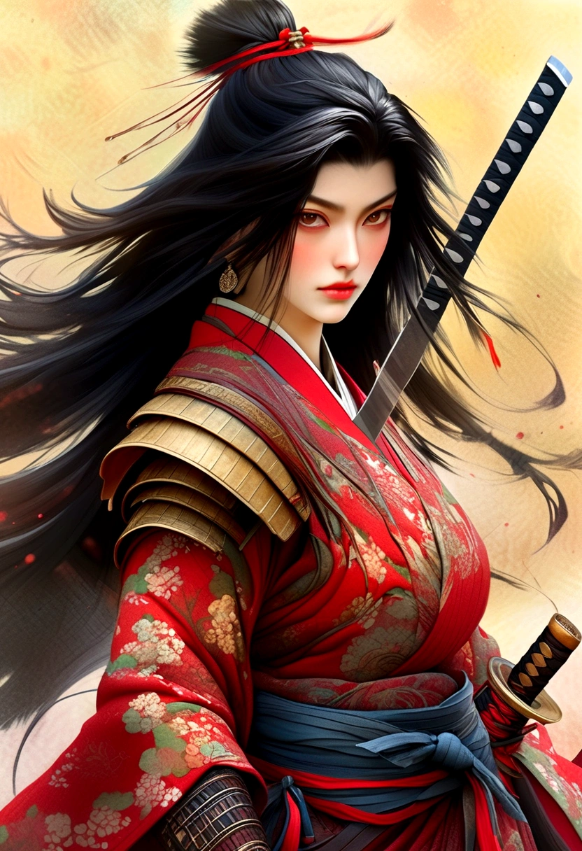 a picture of Japanese female samurai, she has long black hair, wearing samurai armor, armed with a katana, ready for battle, dynamic angle,, Japanese fantasy art, (Masterpiece: 1.5), 16k, highres, best quality, high details, ultra detailed, masterpiece, best quality, (extremely detailed), arafed, dnd art, JapaneseKatana, wtrcolor style