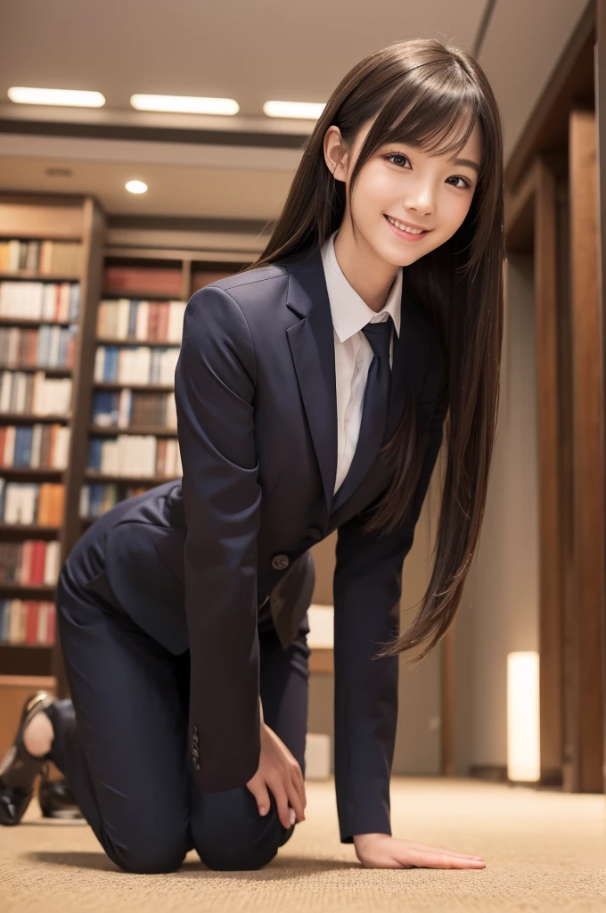 masterpiece、Highest quality、Very detailed、An illustration、Beautiful details、One Girl、cute、Detailed landscape、Library Background、Beautiful Hairstyles、Perfect Anatomy:1.4,4K resolution,((In a suit)),Smiling,(Ultra-realistic), (最高のAn illustration), (Increase the resolution), (8k), (masterpiece), 1 girl, ((The front hair is up)), Slender body, Smile,(Slender girl),(Slim girl),Virtual Girl Lynn,On all fours