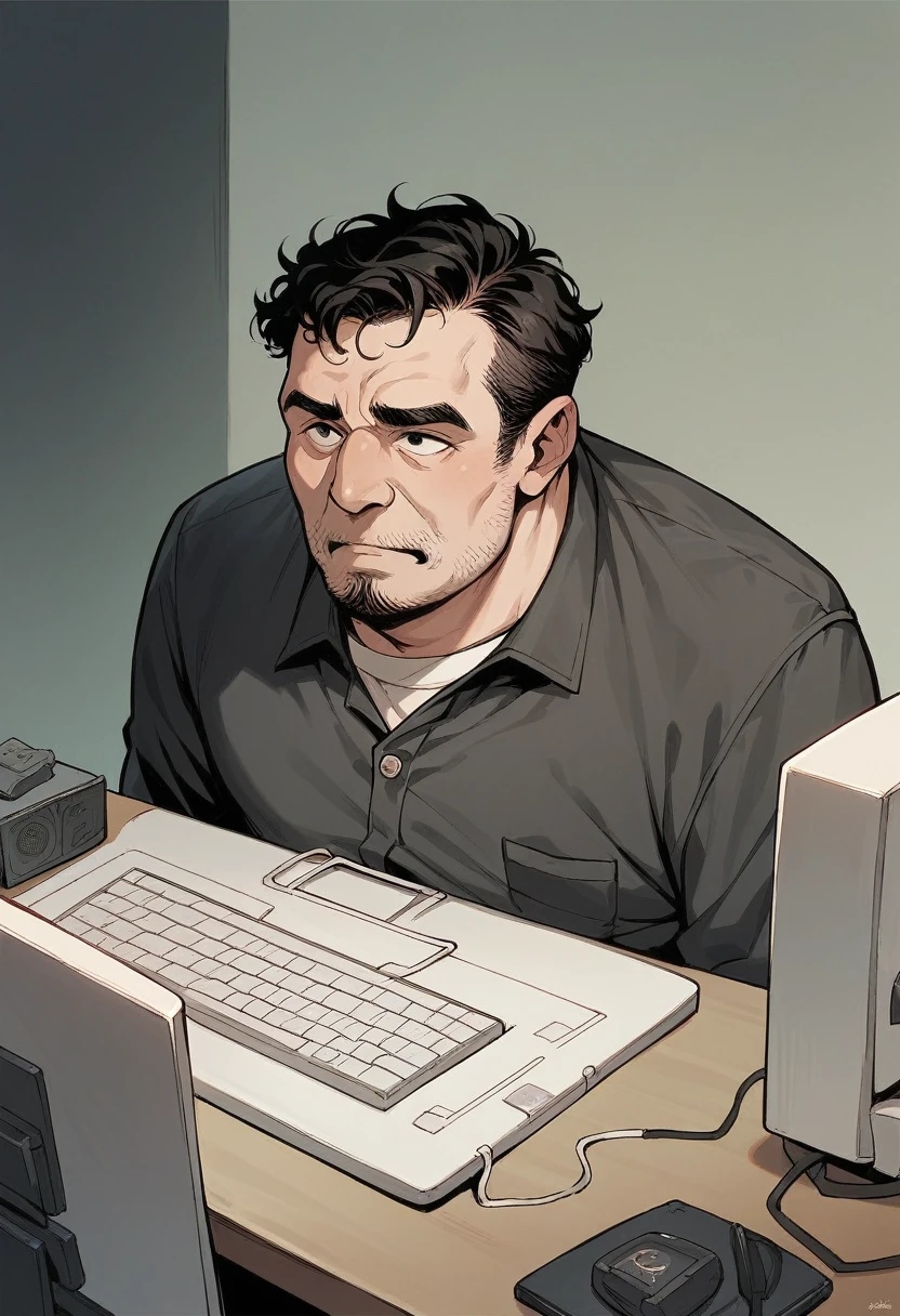 A 37-year-old man, with curly black hair, a short beard, facing a Dell computer, with a wall behind him with several action figures
edit
