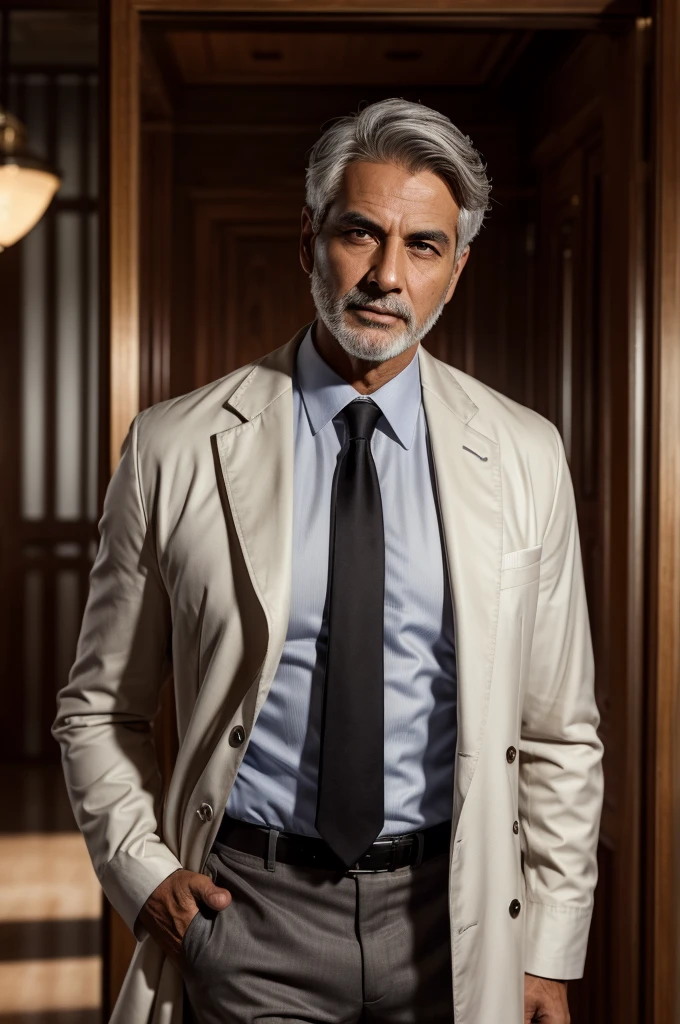 "A confident and authoritative 57-year-old doctor with short silver hair and a well-groomed appearance, wearing a white coat over a black dress shirt with a black tie. He stands in a 3x4 photo. He is in his elegantly decorated office with a modern, luxurious and rustic appearance. The lighting highlights his facial features, with red lights in the background, a handsome man with Brazilian nationality, brown skin tone and gray hair and no beard.