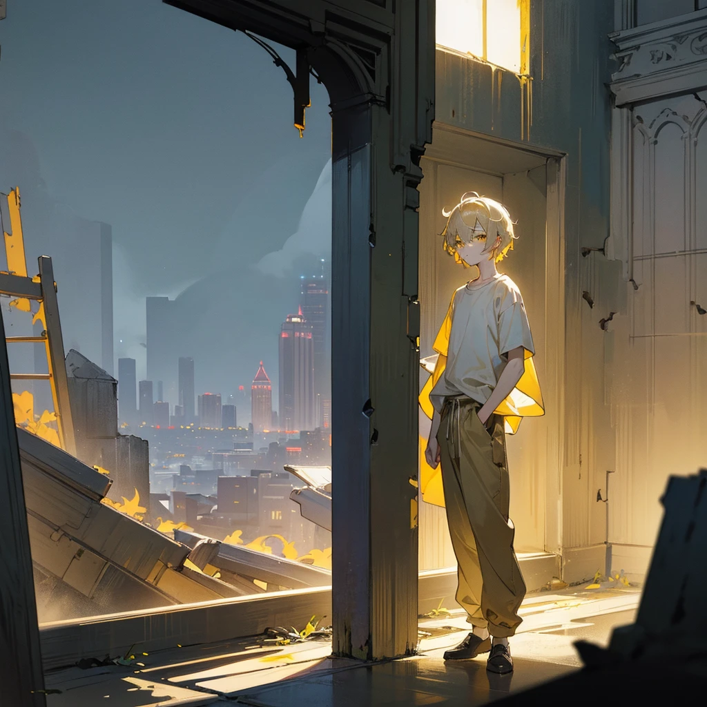 1male, young adult, finely detailed yellow eyes, pale yellow hair, wavy short hair, loose shirt, baggy pants, standing on ruined building, night time, somber expression