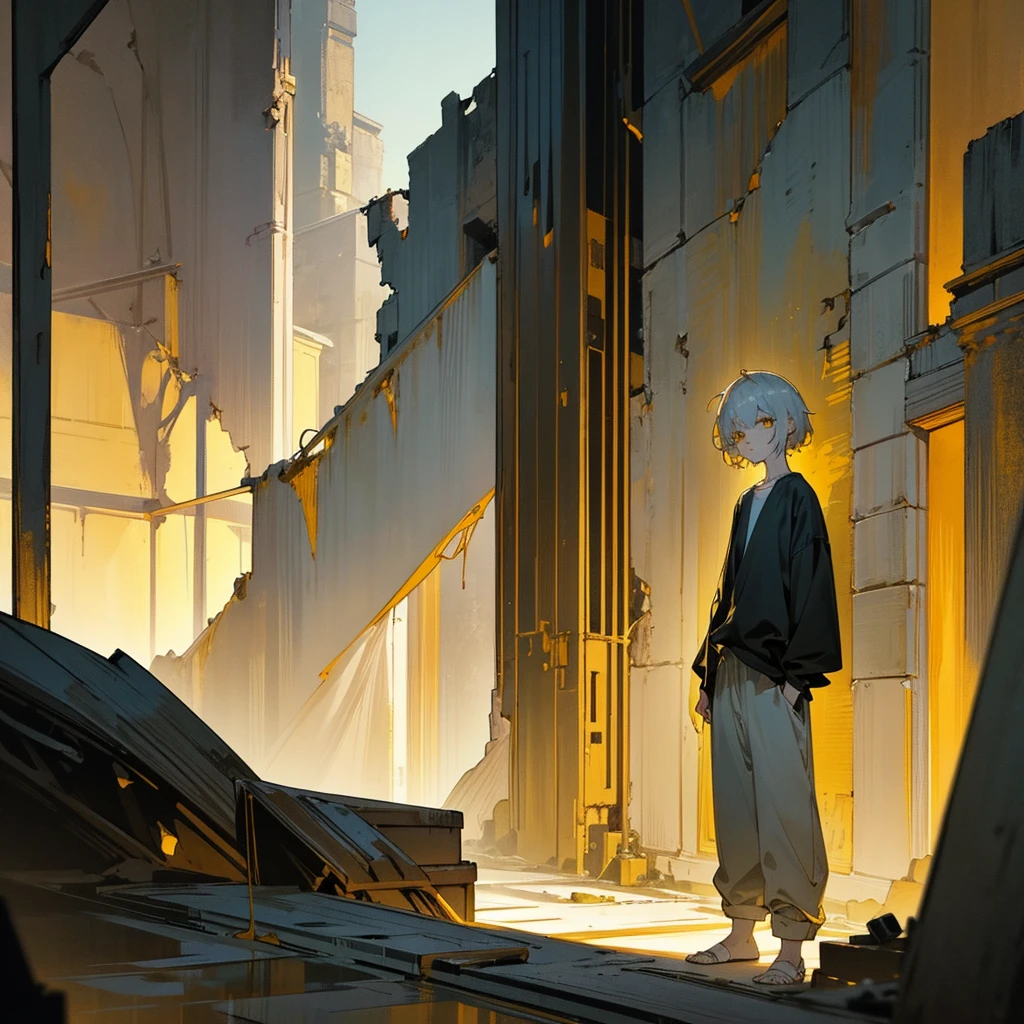 1male,  adult, finely detailed yellow eyes, pale yellow hair, wavy short hair, loose shirt, baggy pants, standing on ruined building, night time, somber expression