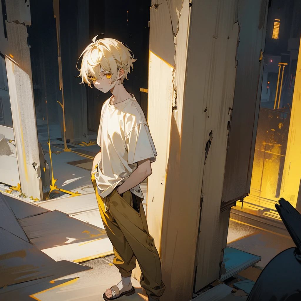 1male, young adult, finely detailed yellow eyes, pale yellow hair, wavy short hair, loose shirt, baggy pants, standing on ruined building, night time, somber expression