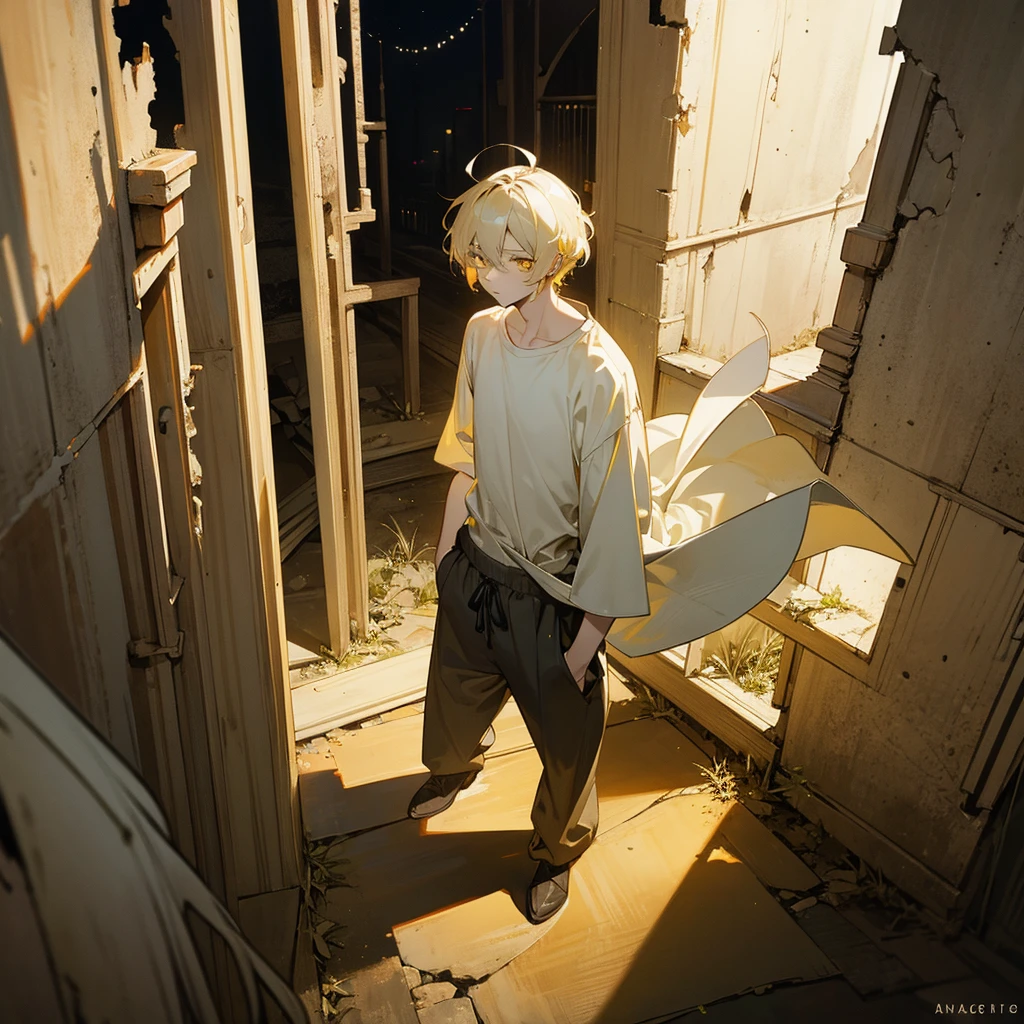 1male, young adult, finely detailed yellow eyes, pale yellow hair, wavy short hair, loose shirt, baggy pants, standing on ruined building, night time, somber expression