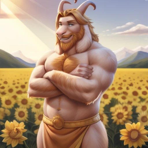 asgore, no clothes, no topwear, no bottomwear, nude, naked, hyper muscular, (soft shading), 4k, hi res, five fingers, detailed hands, ((detailed face, (detailed eyes:1.0), detailed)), (full body view), by zackarry911, by zaush, (by personalami:0.5), male focus, no humans, flower field, flower, smile, crossed arms, well endowed, cum  on flower:1.30, massive cumshots on sun flowers:1.45