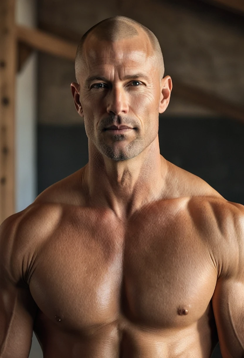 iphone pro 14, extremely beautiful model, 40 years old sexy muscular man, scandinave, shaved head, realistic, seins gaies, clivage, haut court, soutiens gorges, naked, refined room as a background