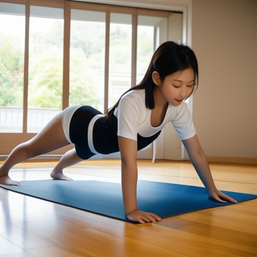 Three women doing yoga Taiwanese girl 18 years old with baby face and big breasts Asian woman wearing white shirt and black shorts lying on yoga mat，  girl in maid outfit，have big breasts，Doing push-ups on mat in gym，charming depiction，Lively and dynamic，images full of energy