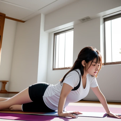 Three women doing yoga Taiwanese girl 18 years old with baby face and big breasts Asian woman wearing white shirt and black shorts lying on yoga mat，  girl in maid outfit，have big breasts，Doing push-ups on mat in gym，charming depiction，Lively and dynamic，images full of energy