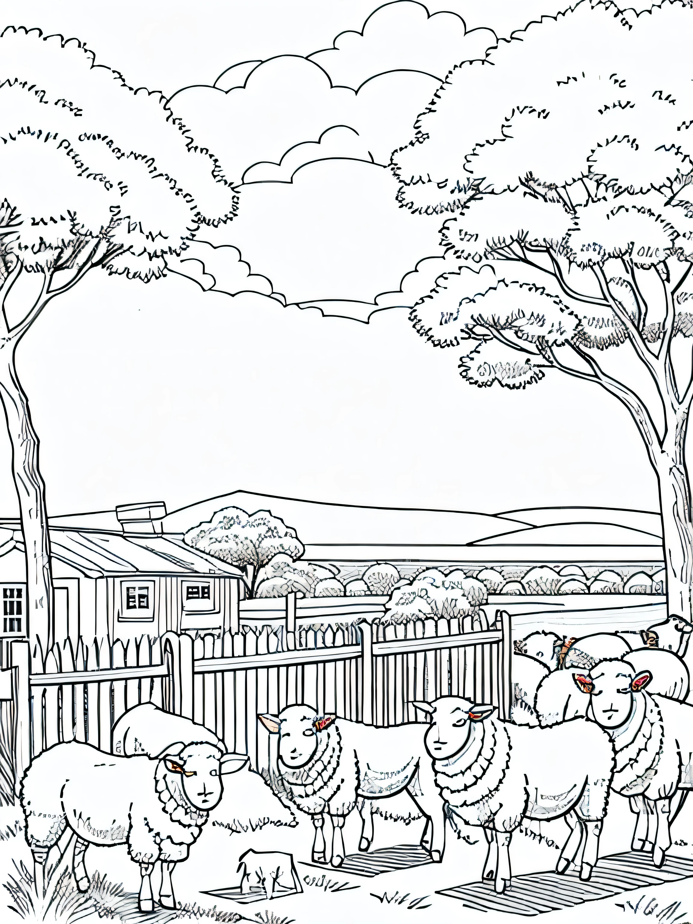 Sheep Shearing Day: Grey and white only, Book page coloring art. All-white background. Use only outlines, line art. Clean line art for coloring. Simple and clean line art, coloring book page. Perfect symmetric details. A lively scene of sheep being sheared on a sunny day, with shearers at work, wool sacks being filled, and curious children watching the process.